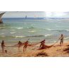 ANTICO QUADRO OLIO TAVOLA Gaetano Fasanotti MARINA PESCATORI RETI BARCHE '800