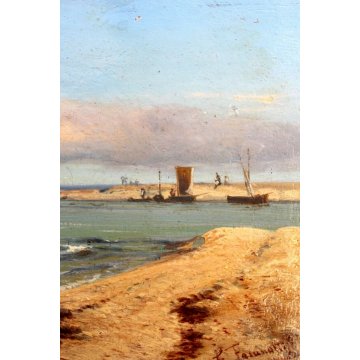 ANTICO QUADRO OLIO TAVOLA Gaetano Fasanotti MARINA PESCATORI RETI BARCHE '800