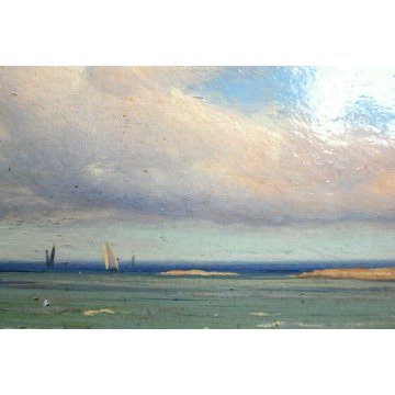 ANTICO QUADRO OLIO TAVOLA Gaetano Fasanotti MARINA PESCATORI RETI BARCHE '800