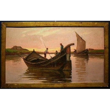 ANTICO QUADRO OLIO Renuccio Renucci PAESAGGIO MARINA PESCATORI BARCHE TRAMONTO