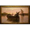 ANTICO QUADRO OLIO Renuccio Renucci PAESAGGIO MARINA PESCATORI BARCHE TRAMONTO