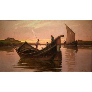 ANTICO QUADRO OLIO Renuccio Renucci PAESAGGIO MARINA PESCATORI BARCHE TRAMONTO