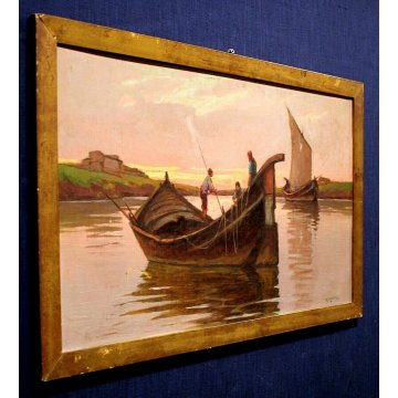 ANTICO QUADRO OLIO Renuccio Renucci PAESAGGIO MARINA PESCATORI BARCHE TRAMONTO