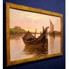 ANTICO QUADRO OLIO Renuccio Renucci PAESAGGIO MARINA PESCATORI BARCHE TRAMONTO