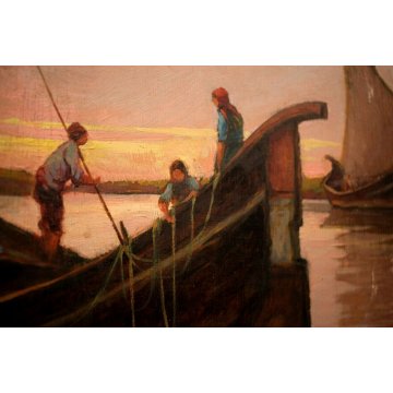 ANTICO QUADRO OLIO Renuccio Renucci PAESAGGIO MARINA PESCATORI BARCHE TRAMONTO