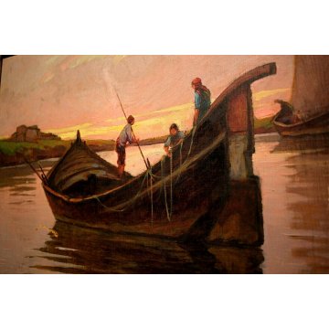 ANTICO QUADRO OLIO Renuccio Renucci PAESAGGIO MARINA PESCATORI BARCHE TRAMONTO