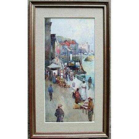 ANTICO ACQUERELLO Frank Rousse MARINA PAESAGGIO MARE PORTO BARCHE FISH MARKET