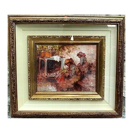 ANTICO QUADRO DIPINTO OLIO TELA A. Pecoraro COMPOSIZIONE AGRESTE FANCIULLE FIORI