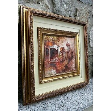 ANTICO QUADRO DIPINTO OLIO TELA A. Pecoraro COMPOSIZIONE AGRESTE FANCIULLE FIORI