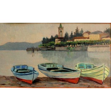 ANTICO QUADRO Aldo Dell'Acqua 1950 OLIO TAVOLA LAGO MAGGIORE LUNGOLAGO LESA