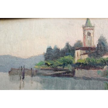 ANTICO QUADRO Aldo Dell'Acqua 1950 OLIO TAVOLA LAGO MAGGIORE LUNGOLAGO LESA