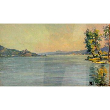 ANTICO QUADRO Aldo Dell'Acqua 1950 OLIO TAVOLA VEDUTA LAGO MAGGIORE DA SOLCIO 