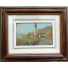 ANTICO QUADRO OLIO TAVOLA S. Casagrande PAESAGGIO VIGNA CAMPI CHIESA CAMPANILE