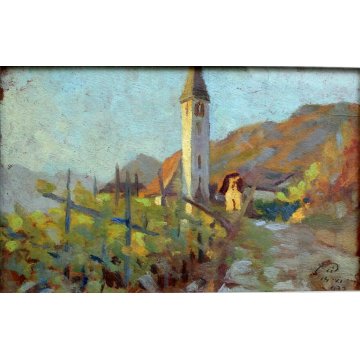 ANTICO QUADRO OLIO TAVOLA S. Casagrande PAESAGGIO VIGNA CAMPI CHIESA CAMPANILE