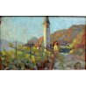 ANTICO QUADRO OLIO TAVOLA S. Casagrande PAESAGGIO VIGNA CAMPI CHIESA CAMPANILE