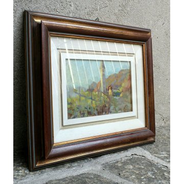 ANTICO QUADRO OLIO TAVOLA S. Casagrande PAESAGGIO VIGNA CAMPI CHIESA CAMPANILE