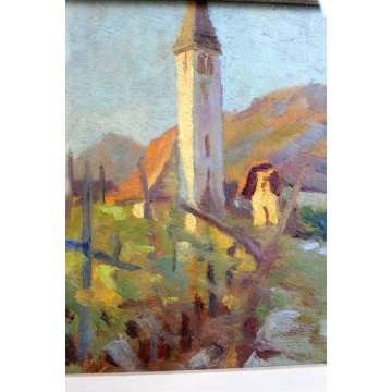 ANTICO QUADRO OLIO TAVOLA S. Casagrande PAESAGGIO VIGNA CAMPI CHIESA CAMPANILE