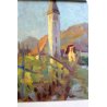 ANTICO QUADRO OLIO TAVOLA S. Casagrande PAESAGGIO VIGNA CAMPI CHIESA CAMPANILE