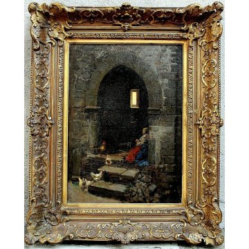 ANTICO DIPINTO OLIO TELA Ettore E.Forti DONNA che FILA ROMA INTERNO ARCO '800