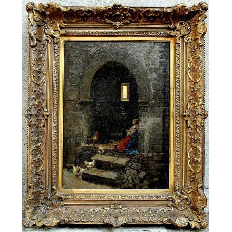 ANTICO DIPINTO OLIO TELA Ettore E.Forti DONNA che FILA ROMA INTERNO ARCO '800