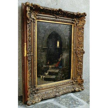 ANTICO DIPINTO OLIO TELA Ettore E.Forti DONNA che FILA ROMA INTERNO ARCO '800