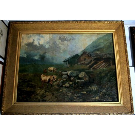 ANTICO GRANDE QUADRO OLIO TELA C.Coleman PAESAGGIO MONTANO MUCCHE PASCOLO BAITE 