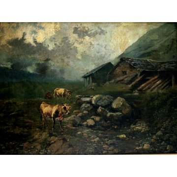 ANTICO GRANDE QUADRO OLIO TELA C.Coleman PAESAGGIO MONTANO MUCCHE PASCOLO BAITE 