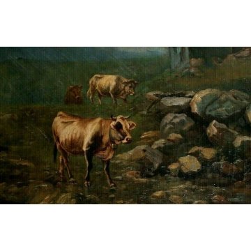 ANTICO GRANDE QUADRO OLIO TELA C.Coleman PAESAGGIO MONTANO MUCCHE PASCOLO BAITE 