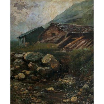 ANTICO GRANDE QUADRO OLIO TELA C.Coleman PAESAGGIO MONTANO MUCCHE PASCOLO BAITE 