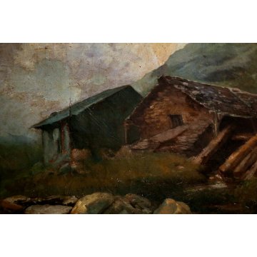 ANTICO GRANDE QUADRO OLIO TELA C.Coleman PAESAGGIO MONTANO MUCCHE PASCOLO BAITE 