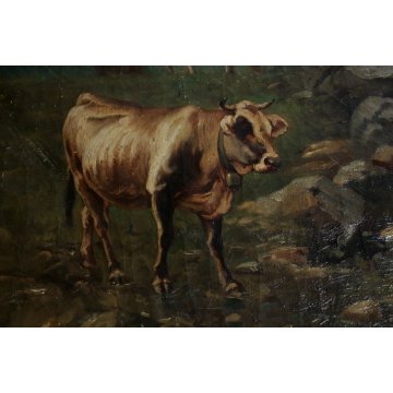 ANTICO GRANDE QUADRO OLIO TELA C.Coleman PAESAGGIO MONTANO MUCCHE PASCOLO BAITE 