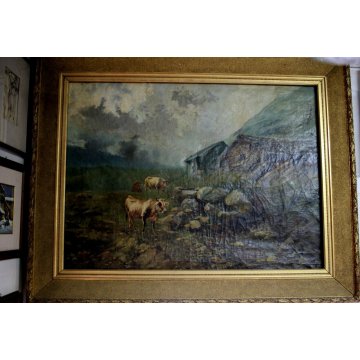 ANTICO GRANDE QUADRO OLIO TELA C.Coleman PAESAGGIO MONTANO MUCCHE PASCOLO BAITE 