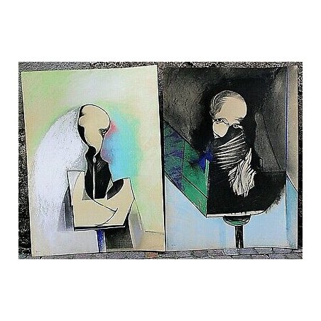 COPPIA LITOGRAFIA Max Kuatty COLORI FIRMATA RITRATTO ASTRATTO ARTE INFORMALE 900