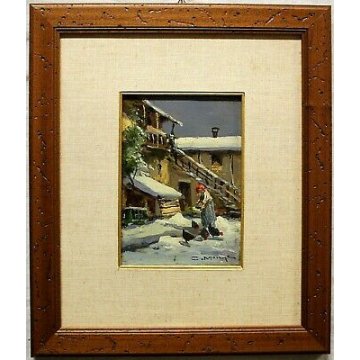 PICCOLO QUADRO C.Moiraghi OLIO TAVOLA PAESAGGIO CAMPAGNA NEVE CASCINA 1931