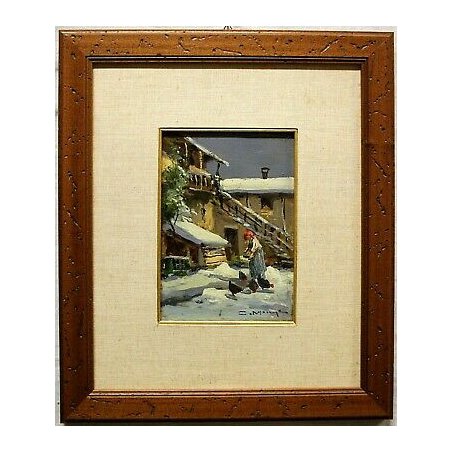 PICCOLO QUADRO C.Moiraghi OLIO TAVOLA PAESAGGIO CAMPAGNA NEVE CASCINA 1931