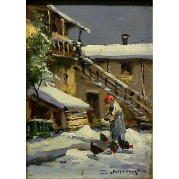 PICCOLO QUADRO C.Moiraghi OLIO TAVOLA PAESAGGIO CAMPAGNA NEVE CASCINA 1931