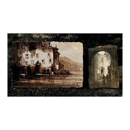 DUE FORMELLE FIRMATE DIPINTE A MANO VEDUTE PIASTRELLA CERAMICA ALBISOLA 1950/60