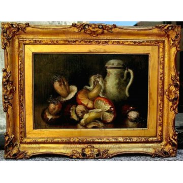 ANTICO QUADRO OLIO TAVOLA NATURA MORTA AUTUNNO FUNGHI PORCINI BROCCA '900 