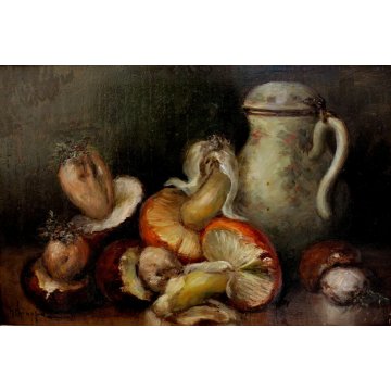 ANTICO QUADRO OLIO TAVOLA NATURA MORTA AUTUNNO FUNGHI PORCINI BROCCA '900 