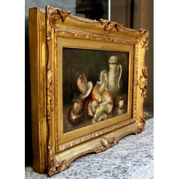 ANTICO QUADRO OLIO TAVOLA NATURA MORTA AUTUNNO FUNGHI PORCINI BROCCA '900 