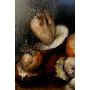 ANTICO QUADRO OLIO TAVOLA NATURA MORTA AUTUNNO FUNGHI PORCINI BROCCA '900 