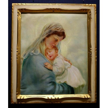 ANTICO DIPINTO G.Maldarelli OLIO TELA MADONNA GESU' BAMBINO NATIVITA' RELIGIOSO