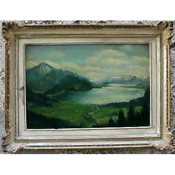 ANTICO QUADRO G. Maldarelli DIPINTO OLIO TAVOLA PAESAGGIO MONTAGNA LAGO EPOCA