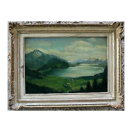 ANTICO QUADRO G. Maldarelli DIPINTO OLIO TAVOLA PAESAGGIO MONTAGNA LAGO EPOCA