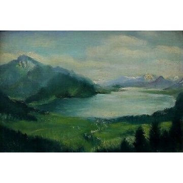 ANTICO QUADRO G. Maldarelli DIPINTO OLIO TAVOLA PAESAGGIO MONTAGNA LAGO EPOCA