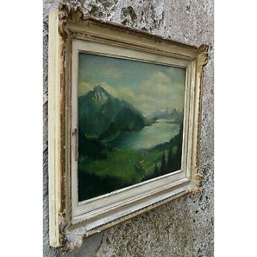 ANTICO QUADRO G. Maldarelli DIPINTO OLIO TAVOLA PAESAGGIO MONTAGNA LAGO EPOCA