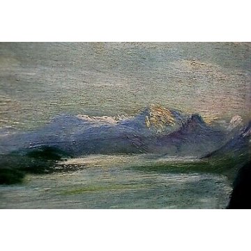 ANTICO QUADRO G. Maldarelli DIPINTO OLIO TAVOLA PAESAGGIO MONTAGNA LAGO EPOCA