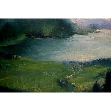 ANTICO QUADRO G. Maldarelli DIPINTO OLIO TAVOLA PAESAGGIO MONTAGNA LAGO EPOCA