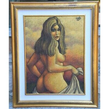 ANTICO QUADRO L. Caizzi DIPINTO OLIO TELA Belgirate 1984 NUDO DONNA FELLINIANA