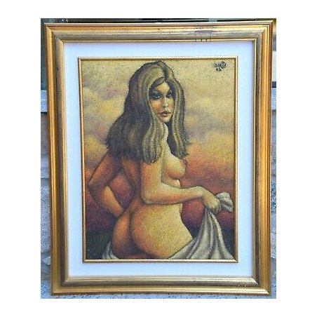 ANTICO QUADRO L. Caizzi DIPINTO OLIO TELA Belgirate 1984 NUDO DONNA FELLINIANA